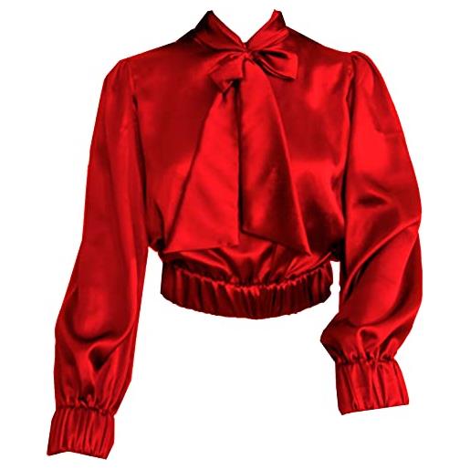 Meek Mercery camicia di raso di usura vintage satin bow shirt ufficio usura partito usura bow camicetta s27, rosso, m