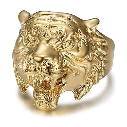 BOBIJOO JEWELRY - anello con sigillo di testa di tigre d'oro in acciaio inox 316 finitura oro uomo - 19 (9 us), d'oro - acciaio inossidabile 316