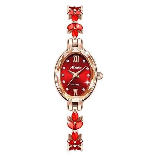 findtime orologio da donna con cristalli e specchio, elegante, analogico, al quarzo, in acciaio inox, rosso, moderno