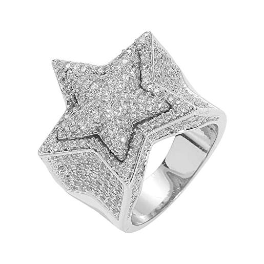 DFWY anello da uomo con stella 3d con diamante simulato cz ghiacciato - anello con zircone pentagramma hip-hop placcato in oro 14k - gioielli con strass scintillanti rapper street rock ( color: silver , s