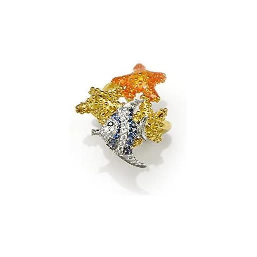 Misis - anello donna in argento 925 placcato oro 18kt - pesce e stella marina con smalto e zirconi - misura 56-60 - made in italy