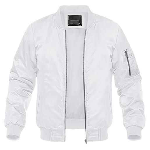 Ruereuu giacca bomber uomo casual sportswear leggero cerniera tasca giacca a vento, bianco, m