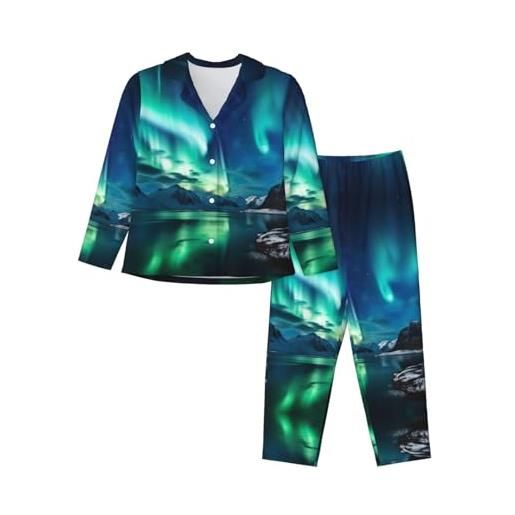 ELRoal pigiama da donna aurora boreale stampa manica lunga set abbigliamento domestico, nero , xl