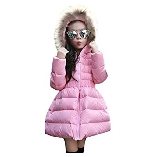Meridiaga - cappotto invernale da bambina, piuma d'anatra, cotone spesso imbottito, con cappuccio rosa 150 cm