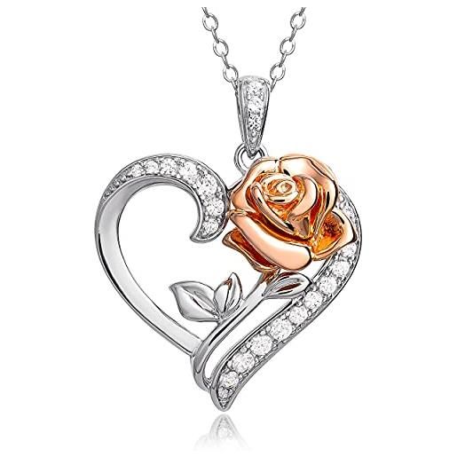 Disney beauty and the beast pink gold over sterling silver two tone enchanted rose cubic zirconia heart necklace, 18