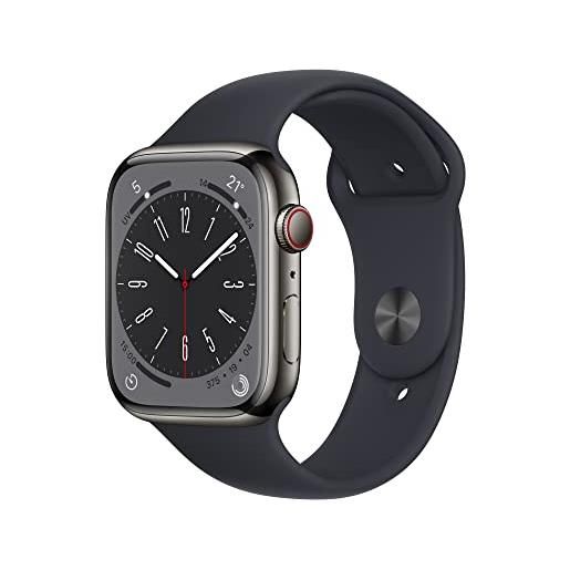 Apple watch series 8 (gps + cellular, 45mm) smartwatch con cassa in acciaio inossidabile color grafite con cinturino sport color mezzanotte - regular. Fitness tracker, resistente all'acqua