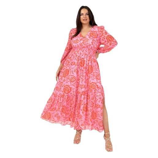 Lovedrobe maxi abito da donna con scollo a v lungo, stampa floreale, in linea elastica vestito, rosa, 50