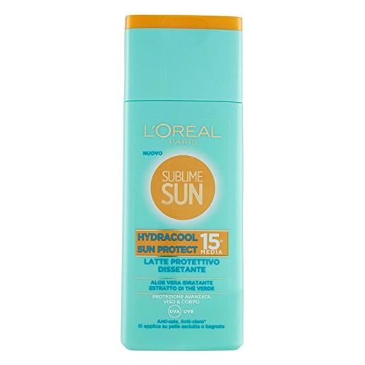L'Oréal Paris crema solare sublime sun, hydracool sun protect, protezione solare media ip15 dissetante, arricchito con aloe vera, 200 ml