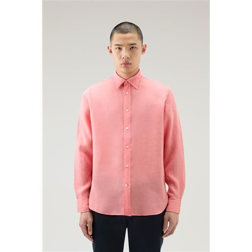 Woolrich uomo camicia in puro lino tinta in capo rosa taglia m