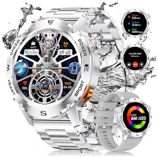 ESFOE smartwatch uomo chiamate, 1,43 amoled display orologio intelligente fitness, 100+ modalità sportive per cardiofrequenzimetro, spo2, 5atm impermeabile smart watch militare argento
