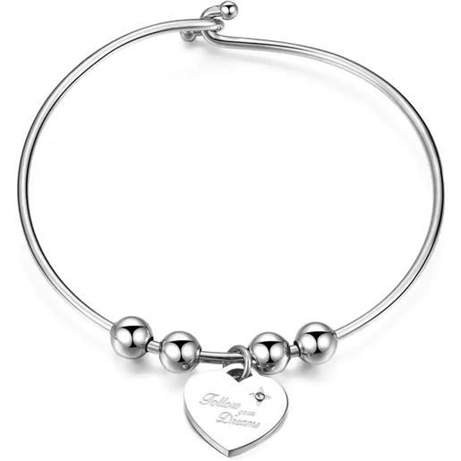 S'Agapõ bracciale rigido be my always in acciaio con cuore, cristallo bianco e scritta follow your dreams S'Agapõ donna sbm19