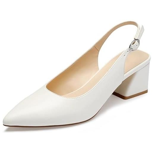 GENSHUO scarpe da donna con tacco a blocco, punta chiusa, 6 cm, per ufficio, matrimonio, festa, bianco, 40 eu