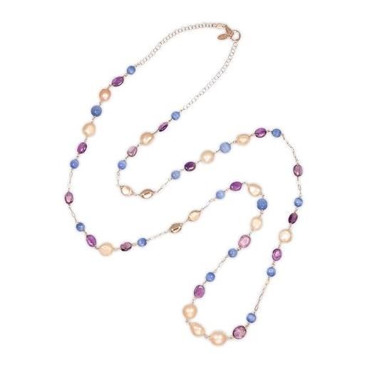 ECLETTIKA collana in argento 925 - placcata oro rosa- con perle naturali e pietre naturali - ametista- occhio di gatto blu tanzanite-perla di fiume rosa