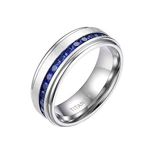 Mabohity anello da uomo / donna in titanio spazzolato con zaffiro blu e zirconi in titanio, 8 mm di larghezza, fede nuziale, anello di fidanzamento, matrimonio, colore: argento, cod. Mbh0100177