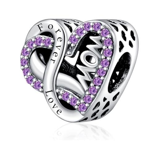 Erizteya love mom forever purple pavé heart charm per donne bracciali collane con 5a cubic zirconia 925 sterling silver pendenti perline natale anniversario gioielli regalo