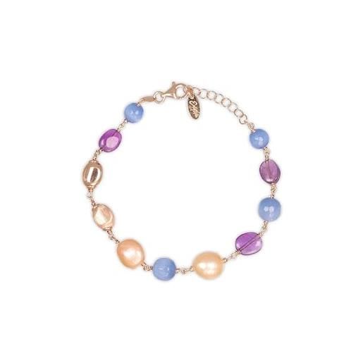 ECLETTIKA, bracciale in argento 925 - placcato oro rosa con perle e pietre naturali - perla di fiume rosa - ametista - occhio di gatto blu tanzanite sintetica