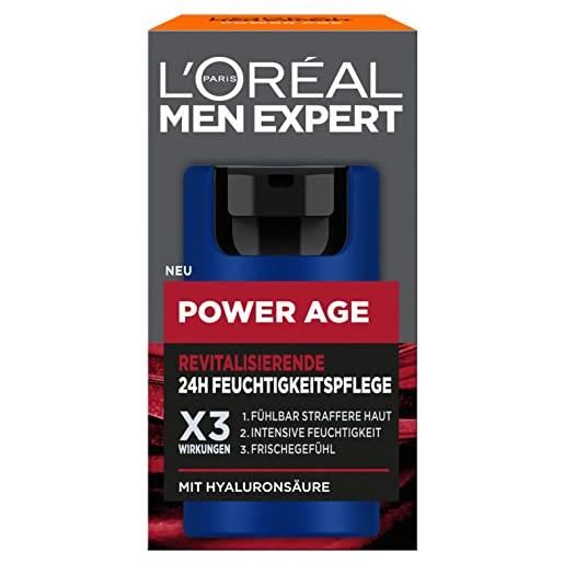 L'oréal men expert cura del viso contro le rughe per uomini, crema idratante anti-invecchiamento per pelle stanca e opaca, crema viso per uomo con acido ialuronico, power age, 1 x 50 ml