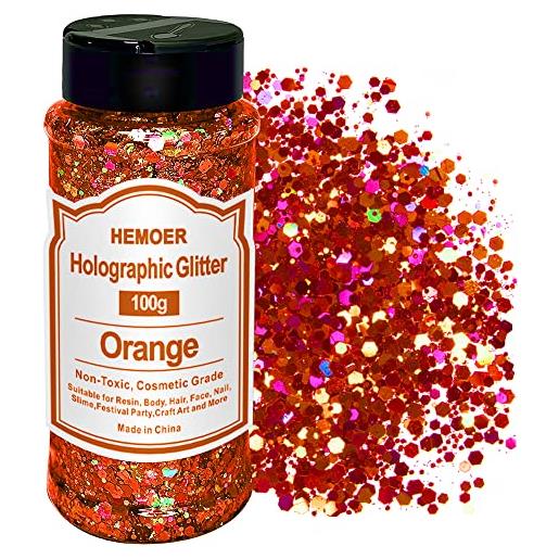 HEMOER paillettes olografiche glitter grosso, arancia 100g olografiche chunky paillettes glitter unghie per viso, corpo, occhi, capelli, unghie, glitter per hobby creativi