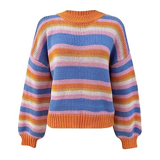 Generic maglione lavorato a maglia a maniche lunghe da donna con scollo tondo, pullover sciolto, maglione a righe di colore medio maglione lana invernale collo (ai-orange, l)