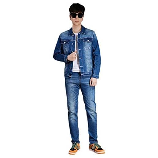 Haitpant autunno stile coreano denim imposta colletto turn-down giacche slim monopetto jeans casual due pezzi vestito, giacca m jeans m, etichettalia unica