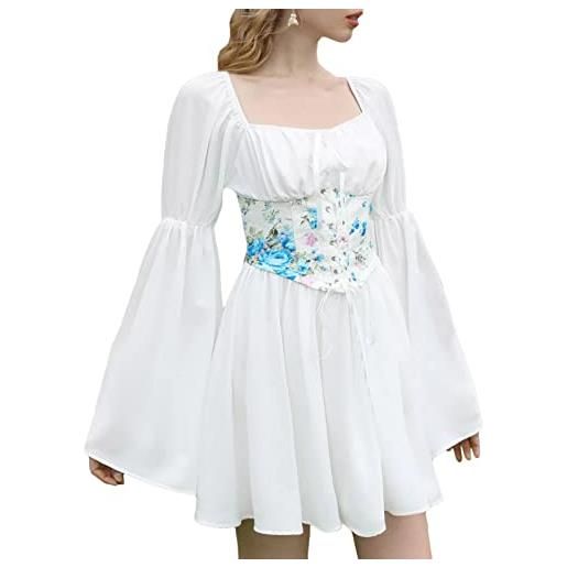Yesgirl abito da donna stampa floreale vestito elegante abito corto a vita alta abito sexy casual abito maniche lunghe mini vestito a bianco s