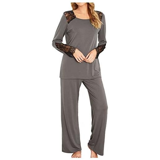 Greensen set pigiama da donna con scollo rotondo, in pizzo e pantaloni lunghi, biancheria da notte, morbido e casual, vestibilità comoda, pigiama, grigio. , xxl