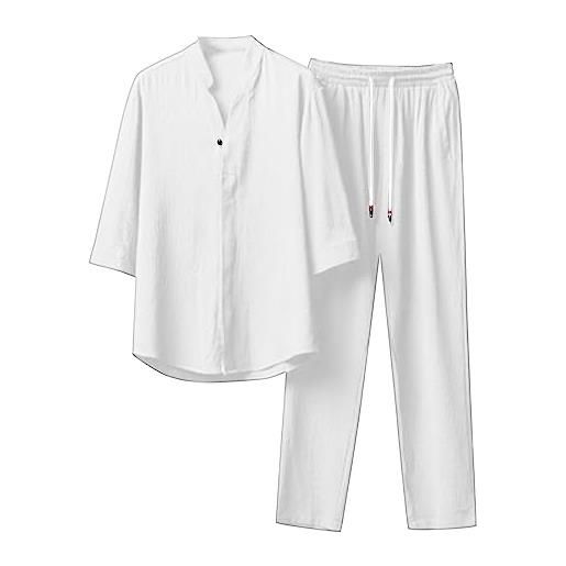 JMEDIC men's 2 pieces linen set summer outfits plus size ice silk short sleeve t-shirt two piece set loose pants casual trousers (l, nero)