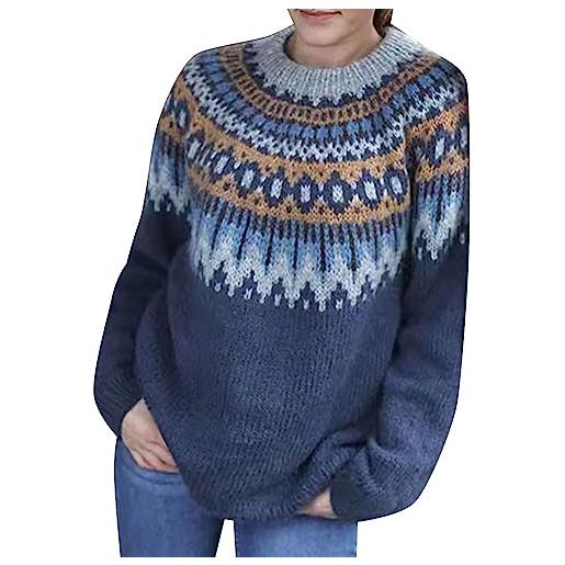 Generic maglione jacquard sciolto maglione medio lungo autunno/inverno girocollo maglione lavorato a maglia a maniche lunghe cardigan lungo estivo (navy, xl)