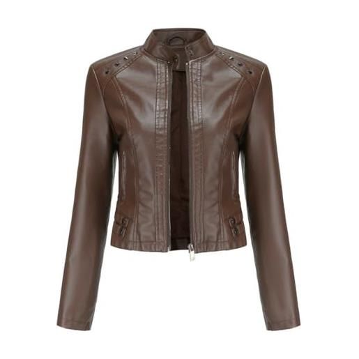 HZQIFEI giacca in pelle pu da donna, giacca motociclista da donna corta casual per primavera e autunno pjk09 (caffè, xxl)