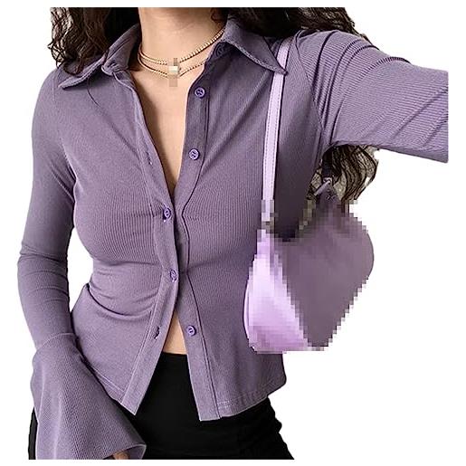 Fnfmrfmr polo da donna camicette con risvolto camicia abbottonata manica lunga svasata solid slim crop top streetwear purple s
