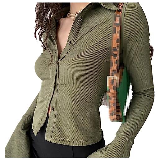 Fnfmrfmr polo da donna camicette con risvolto camicia abbottonata manica lunga svasata solid slim crop top streetwear en8 s