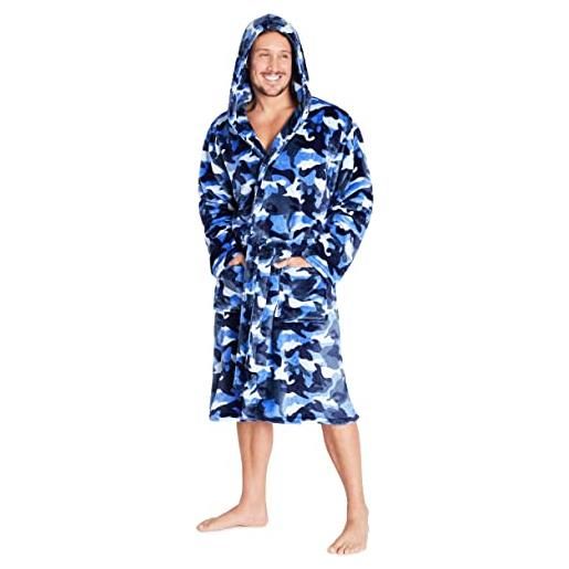 CityComfort vestaglia uomo in pile morbidissimo, giacca da camera mimetica, pile uomo invernale camouflage con cappuccio, taglie m fino a xxl (blu, m)