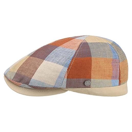 LIERYS coppola in lino ravello check uomo - made italy cappello piatto berretto con visiera, fodera primavera/estate - 59 cm blu-arancia