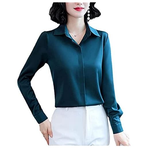 Lazutom camicetta a maniche lunghe da donna in seta con bottoni casual per ufficio e lavoro, in raso, blu, 46