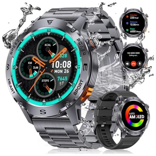ESFOE orologio smartwatch uomo fitness chiamate, 1,43 amoled display sportivo tracker 100+ modalità sportive cardiofrequenzimetro 5atm impermeabile militari smart watch android ios grigio blu