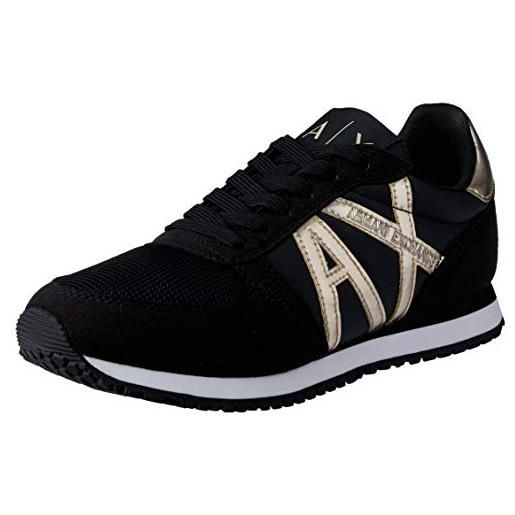 Armani Exchange microfiber suede lace up sneaker, scarpe da ginnastica donna, nero/oro (black/lt gold), 39 eu