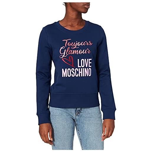 Love Moschino slim fit long sleeved sweatshirt in 100% cotton. Customized with glitter print of seasonal slogan and logo. Maglia di tuta, blue, 40 regular donna