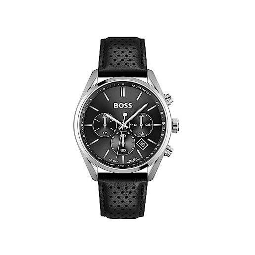 BOSS orologio con cronografo al quarzo da uomo collezione champion con cinturino in acciaio inossidabile o pelle nero/argento (black & silver)