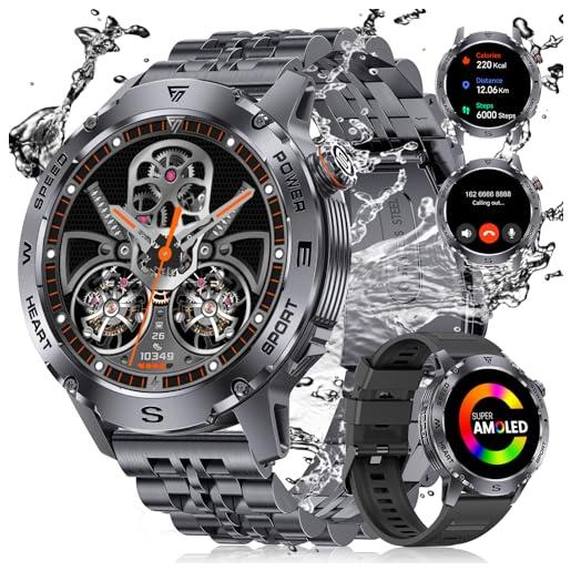 ESFOE smartwatch uomo chiamate, 1,43 amoled display orologio intelligente fitness, 100+ modalità sportive per cardiofrequenzimetro, spo2, 5atm impermeabile smart watch militare(doppio cinturino)