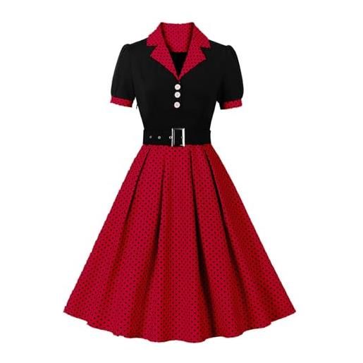 iOoppek abito da donna con spalle scoperte, elegante costume da swing, anni '50, a pois, casual, linea ad a, con cintura, modello da donna, colore: rosso, xxl