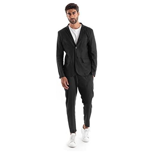 Giosal abito uomo competo outfit giacca pantalone tinta unita lino elegante monopetto (44, nero)
