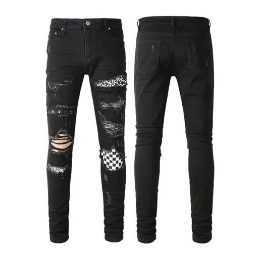 CABULE jeans da uomo slim fit di marca alla moda di marca di strada con fori strappati e borchie di diamanti - nero - 32