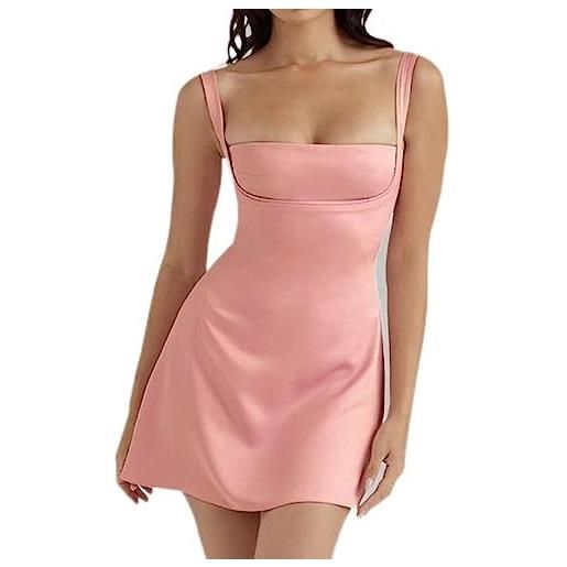 SHANHE y2k women sexy sleeveless square neck bodycon party club dress summer fall streetwear french style satin backless short dress-pink, m