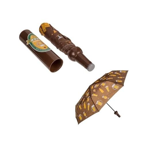 Avilia ombrello tascabile design bottiglia di birra - portatile e antivento, marrone e nero, piccolo pieghevole per viaggio, unico e divertente
