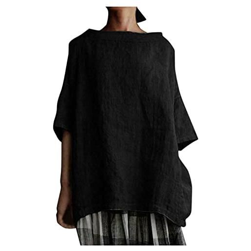 hmtitt cotton linen color women's womens t-shirt loose and solid women's blouse fashion tops (black, xl)
