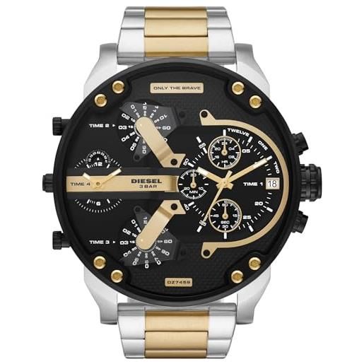 Diesel orologio mr. Daddy 2.0 da uomo, movimento cronografo, cassa in acciaio inossidabile tricolore da 57 mm con bracciale in acciaio inossidabile, dz7459