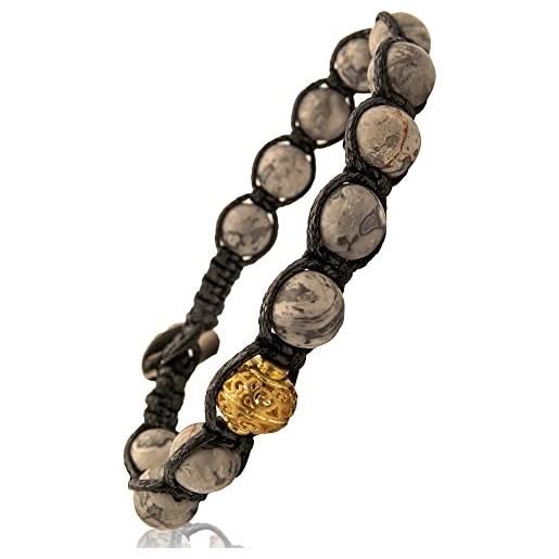 Samsara bracciale tibetano buddista - shamballa con pietra in agata fossile - filo in cotone cerato nero