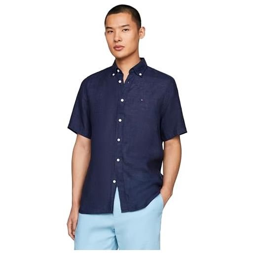 Tommy Hilfiger pigment dyed linen rf shirt s/s mw0mw35207 camicie casual, blu (carbon navy), 3xl uomo