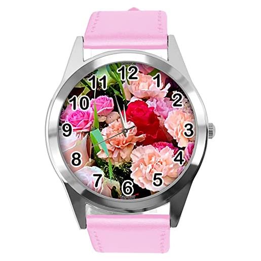 TAPORT orologio rotondo in pelle rosa per i fan dei fiori e4, rosa confetto, cinturino