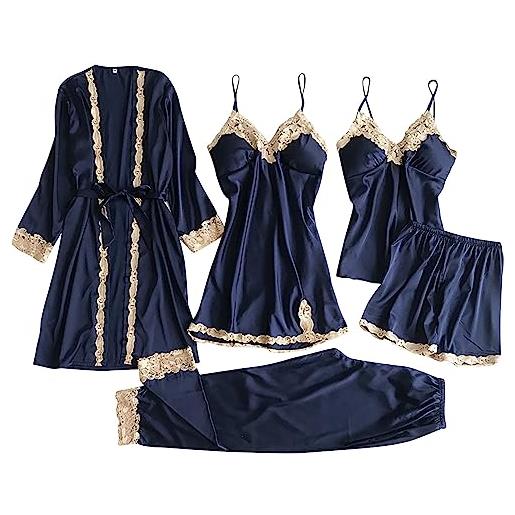 LIANGTUOHAI set di pigiama da donna con scollo a v, in seta di ghiaccio, elegante, da notte, per matrimonio, da notte, blu, xxxl